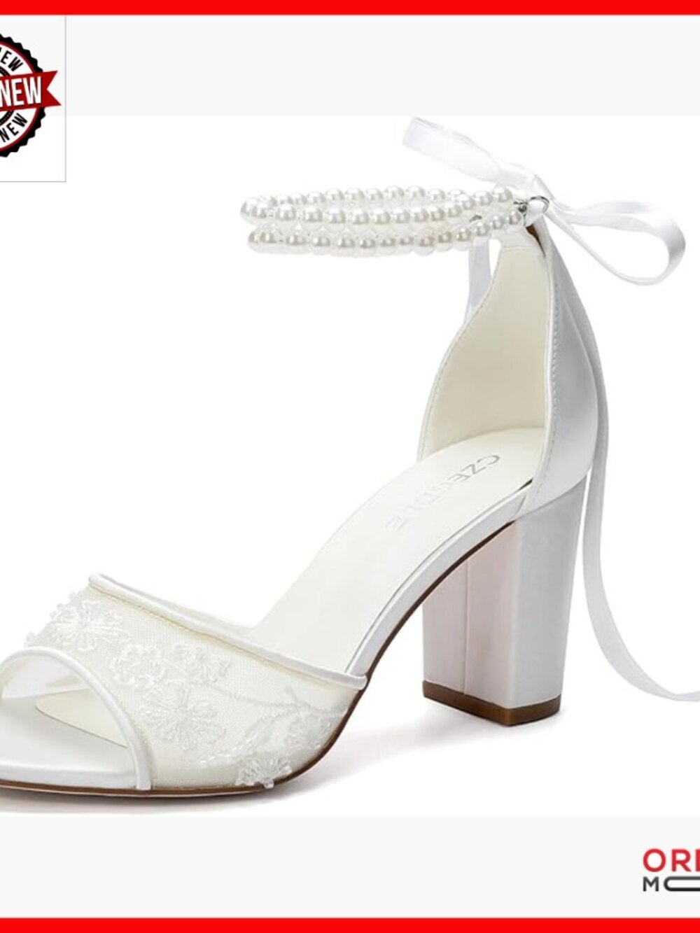 Bridal Sandals with Pearl Ankle Strap Lace Detail Block Heel Wedding Shoes